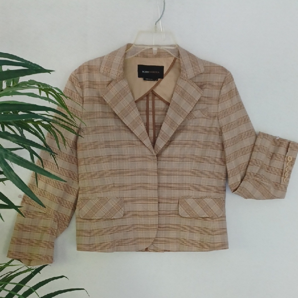 BCBGMAXAZRIA Beige Plaid Cotton Blend Blazer